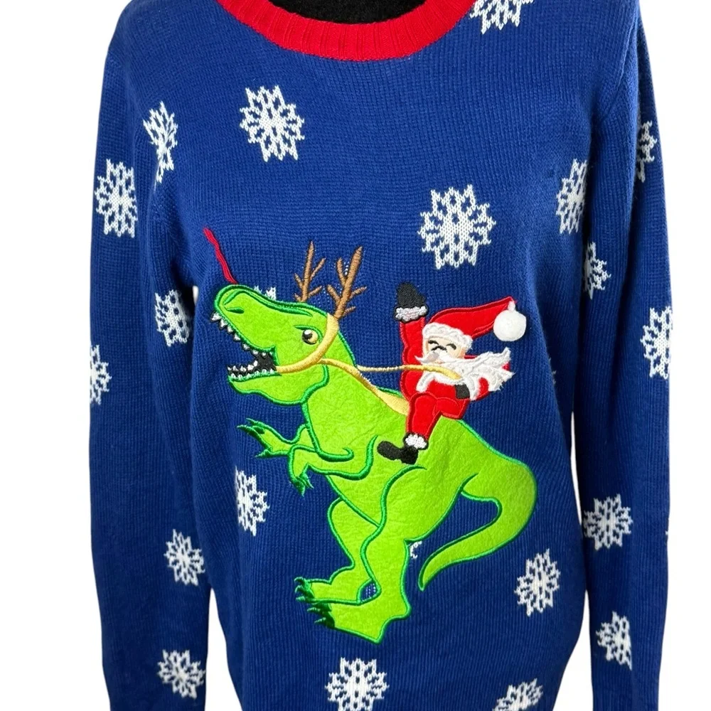 Joyland Blue Christmas Sweater Santa Riding Dinosaur Ugly Christmas Sweater - Picture 8 of 8
